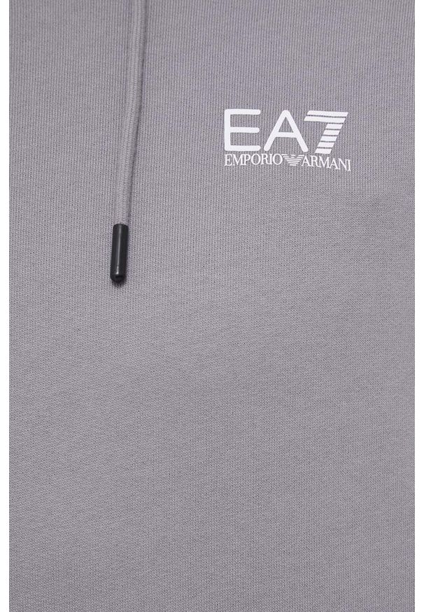 EA7 Emporio Armani bluza bawełniana męska kolor szary z kapturem gładka. Okazja: na co dzień. Typ kołnierza: kaptur. Kolor: szary. Materiał: bawełna. Wzór: gładki. Styl: casual