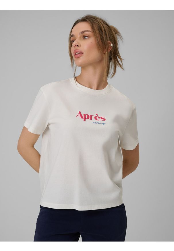 4f - 4F T-shirt boxy z nadrukiem damski - beżowy XS. Okazja: na co dzień. Kolor: beżowy. Materiał: materiał, dzianina, bawełna. Wzór: nadruk. Styl: casual