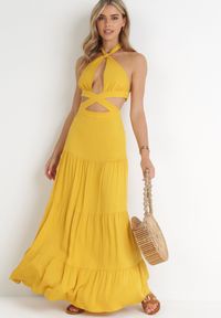 Born2be - Żółta Rozkloszowana Sukienka z Wycięciami i Wiązaniem Abisal. Kolor: żółty #5