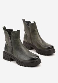 Renee - Zielone Botki do Kostki z Suwakiem na Grubej Podeszwie z Tłoczeniami Redvira. Kolor: zielony. Materiał: satyna, jeans, skóra. Styl: elegancki #6