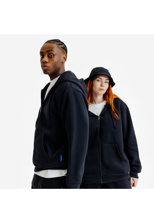 Decathlon - Bluza na suwak unisex Elementals. Typ kołnierza: kaptur. Kolor: czarny. Materiał: poliester, elastan, tkanina, prążkowany, bawełna, materiał