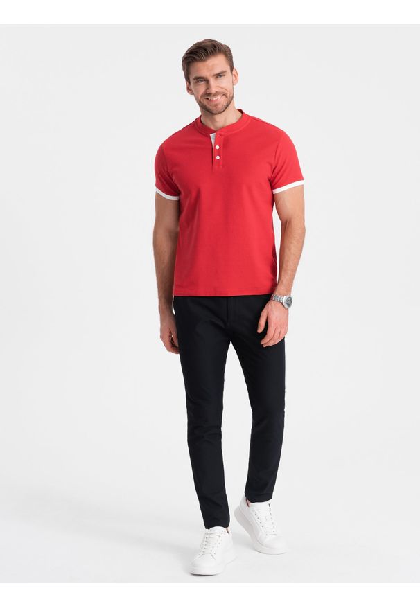 Ombre Clothing - Koszulka męska polo bez kołnierzyka - czerwona V2 - Rozmiar: M. Typ kołnierza: bez kołnierzyka, polo. Kolor: czerwony. Materiał: bawełna. Długość: długie