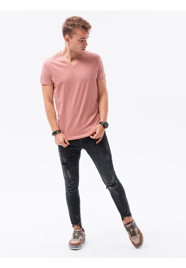 Ombre Clothing - T-shirt męski bawełniany basic S1369 - koralowy - XXL. Kolor: czerwony. Materiał: bawełna. Styl: klasyczny