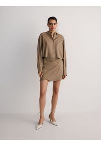 Reserved - Spódnica mini z marszczeniami - brązowy. Kolor: brązowy. Materiał: tkanina, len, wiskoza #1