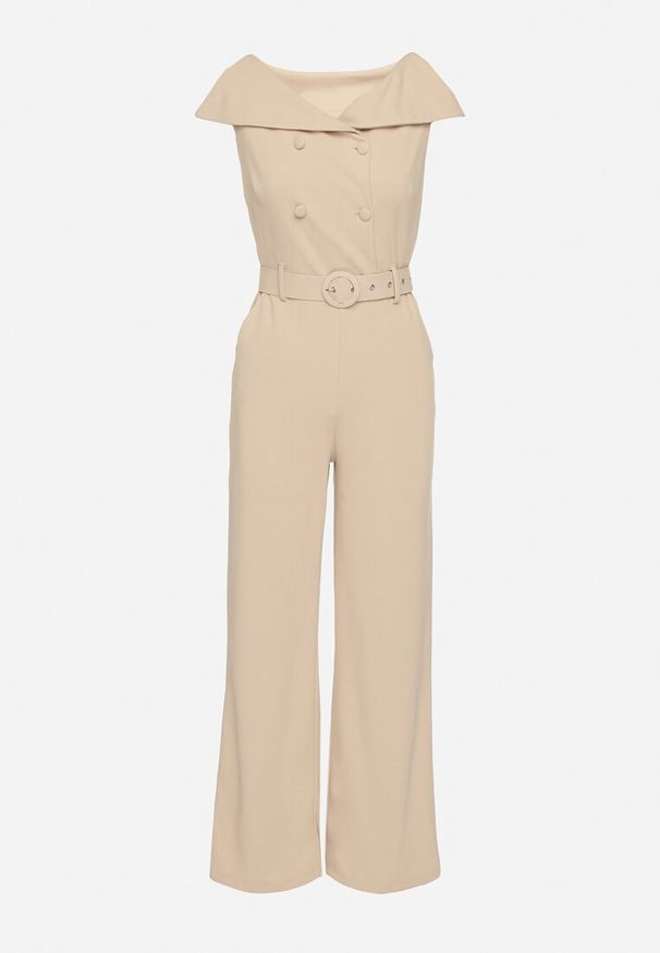 Born2be - Beżowy Kombinezon z Wywijanym Dekoltem w Łódkę i Paskiem z Klamrą Galithiela. Okazja: na co dzień. Kolor: beżowy. Wzór: aplikacja. Styl: casual, elegancki, klasyczny