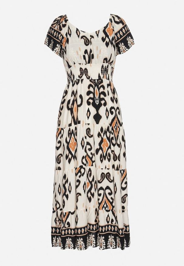 Born2be - Jasnobeżowa Wiskozowa Sukienka z Geometrycznym Wzorem Cleanna. Okazja: na co dzień, na spacer. Kolor: beżowy. Materiał: wiskoza. Wzór: geometria. Typ sukienki: proste. Styl: casual, elegancki