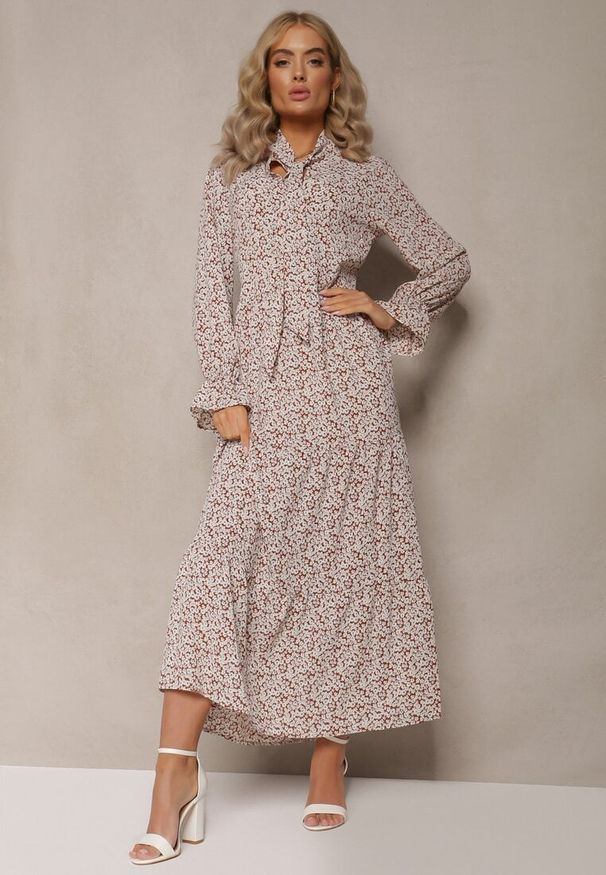 Renee - Brązowo-Biała Sukienka Pherone. Kolor: biały. Materiał: zamsz. Wzór: aplikacja, kwiaty. Styl: elegancki. Długość: maxi
