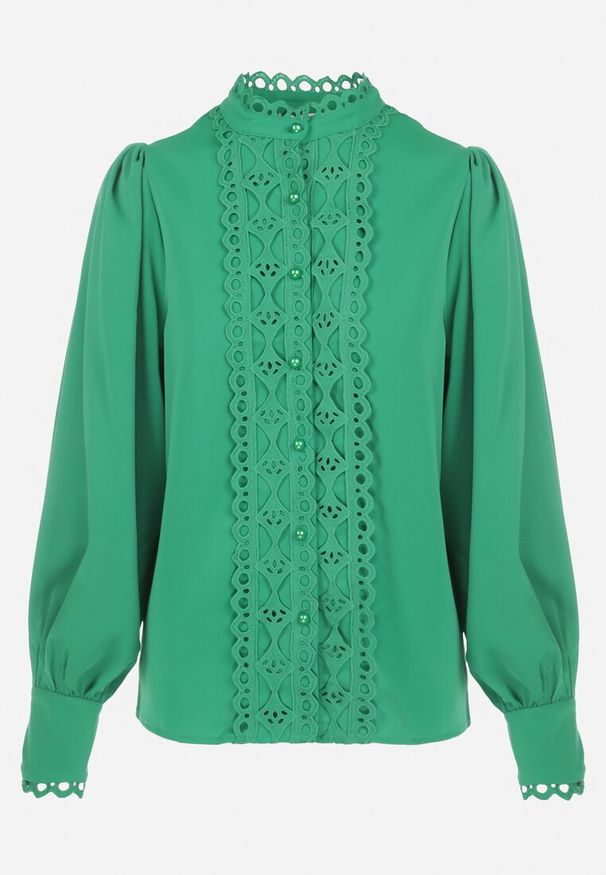Born2be - Zielona Koszula z Koronką i Perłami Cassa. Kolor: zielony. Materiał: koronka. Wzór: koronka