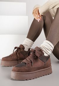 Born2be - Brązowe Sznurowane Sneakersy Śniegowce na Grubej Podeszwie Vamitte. Okazja: na co dzień, na spacer. Kolor: brązowy. Materiał: jeans, futro. Sport: turystyka piesza #7