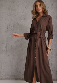 Renee - Brązowa Koszulowa Sukienka z Bawełny z Wiązanym Paskiem i Podpinanymi Rękawami Cesela. Okazja: na co dzień. Kolor: brązowy. Materiał: bawełna. Typ sukienki: koszulowe. Styl: boho, casual #4