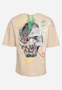 Born2be - Beżowa Koszulka z Krótkim Rękawem T-Shirt z Nadrukiem z Przodu i na Plecach Franestia. Okazja: na co dzień. Kolor: beżowy. Materiał: jeans. Długość rękawa: krótki rękaw. Długość: krótkie. Wzór: nadruk. Styl: casual, elegancki #5