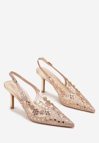 Renee - Szampańskie Sandały na Szpilce Slingback z Ażurową Cholewką Latilena. Okazja: na spotkanie biznesowe, na co dzień. Nosek buta: szpiczasty. Zapięcie: sprzączka. Kolor: złoty. Wzór: ażurowy. Sezon: lato. Obcas: na szpilce. Styl: biznesowy, casual, elegancki