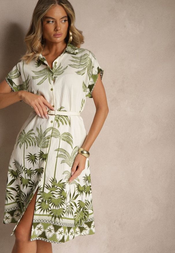 Renee - Zielona Sukienka Oversize z Wiskozą o Koszulowym Kroju Folavira. Okazja: na co dzień. Kolor: zielony. Materiał: wiskoza. Długość rękawa: krótki rękaw. Sezon: lato. Typ sukienki: oversize, koszulowe. Styl: elegancki, casual