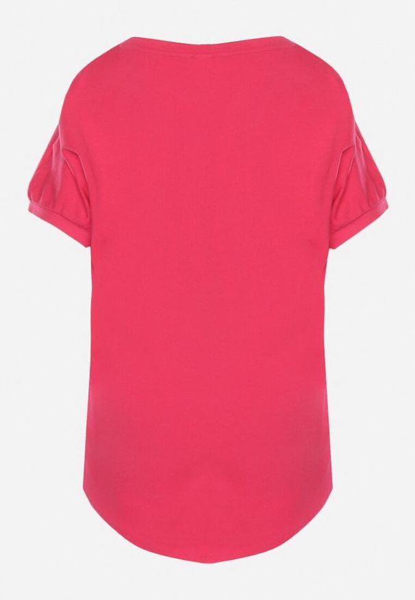 Born2be - Ciemnoróżowy T-shirt z Krótkimi Rękawami i Dłuższym Tyłem Cercisa. Okazja: na co dzień. Typ kołnierza: dekolt w serek. Kolor: różowy. Materiał: jeans, bawełna. Długość rękawa: krótki rękaw. Długość: krótkie. Styl: klasyczny, casual