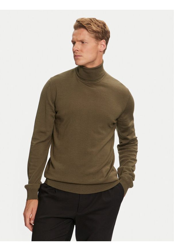 Hugo - HUGO Golf San Thomas-M 50474174 Khaki Slim Fit. Typ kołnierza: golf. Kolor: brązowy. Materiał: wełna
