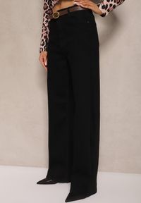 Renee - Czarne Jeansy z Dodatkiem Bawełny o Szerokim Kroju High Waist Azinay. Okazja: na co dzień, na spotkanie biznesowe. Stan: podwyższony. Kolor: czarny. Wzór: aplikacja, gładki. Styl: biznesowy, elegancki, casual