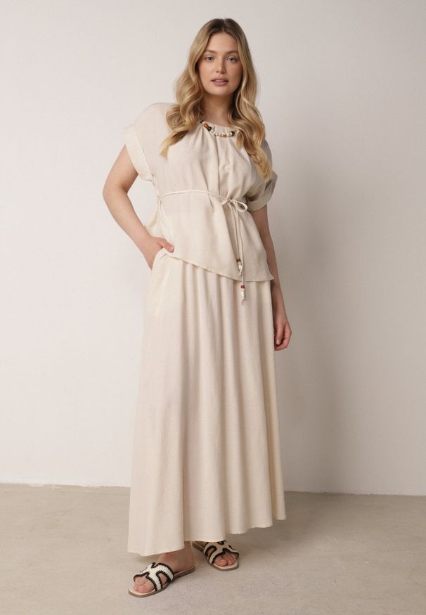 Born2be - Beżowy Komplet Boho z Lnem i Wiskozą Spódnica i Nietoperzowa Bluzka Fysernara. Kolor: beżowy. Materiał: wiskoza, len