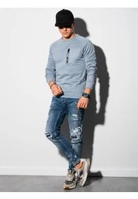 Ombre Clothing - Bluza męska bez kaptura B1151 - jasnoniebieska - XL. Typ kołnierza: bez kaptura. Kolor: niebieski. Materiał: materiał, jeans, dzianina, bawełna, tkanina, poliester
