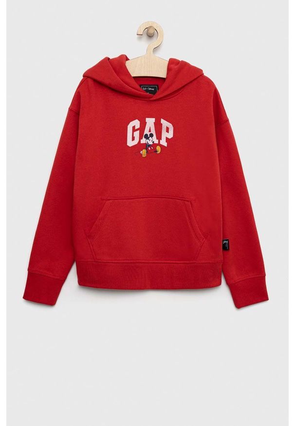 GAP bluza dziecięca x Disney kolor czerwony z kapturem z nadrukiem. Typ kołnierza: kaptur. Kolor: czerwony. Materiał: materiał. Wzór: nadruk, motyw z bajki