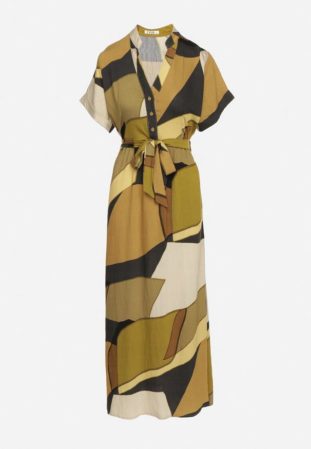 Born2be - Zielona Sukienka Rozkloszowana z Wiskozy w Geometryczny Wzór z Paskiem Ranislla. Okazja: na co dzień. Typ kołnierza: dekolt w serek. Kolor: zielony. Materiał: wiskoza. Długość rękawa: krótki rękaw. Wzór: geometria. Styl: casual, elegancki