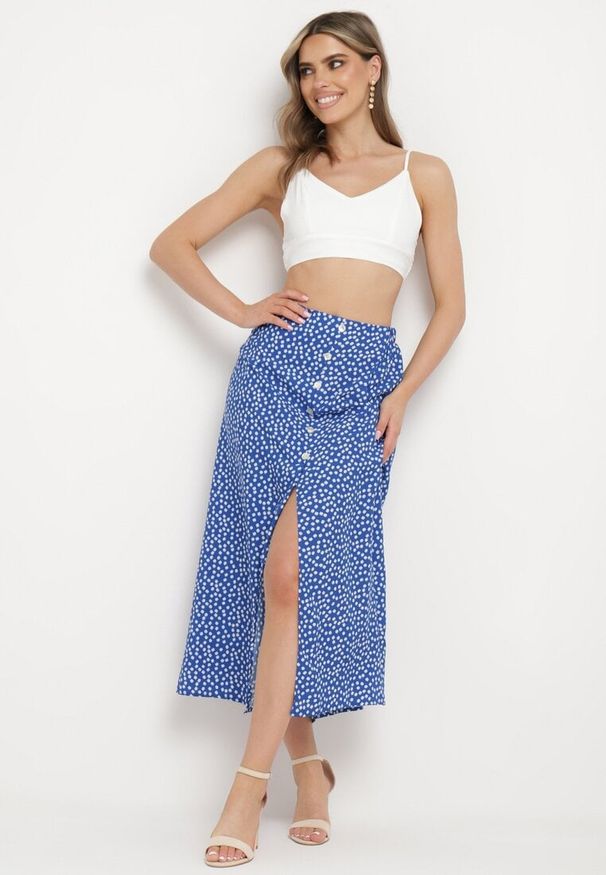 Born2be - Niebieska Spódnica z Gumką w Pasie z Rozcięciem z Boku Comella. Okazja: na co dzień, na spotkanie biznesowe. Kolor: niebieski. Styl: biznesowy, elegancki, casual