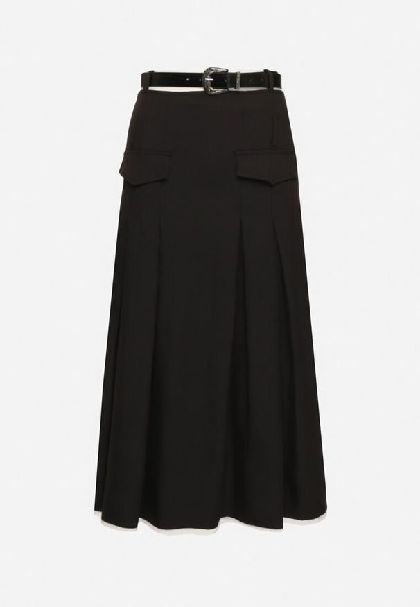 Born2be - Czarna Plisowana Rozkloszowana Spódnica z Imitacją Kieszeni Paskiem i Gumką w Talii Evisthai. Okazja: na co dzień. Kolor: czarny. Styl: elegancki, casual