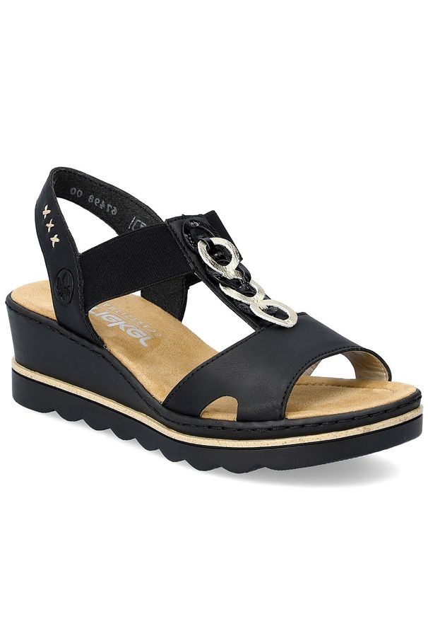 Sandały damskie na koturnie platformy komfortowe czarne Rieker 67498-00. Kolor: czarny. Materiał: skóra ekologiczna. Obcas: na koturnie