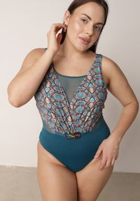 Born2be - Niebieski Kopertowy Strój Kąpielowy Jednoczęściowy z Siateczką i Paskiem Raera. Kolor: niebieski. Materiał: len #1