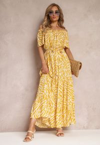 Renee - Żółta Długa Sukienka Hiszpanka z Wiskozy z Gumką w Pasie Channe. Typ kołnierza: dekolt hiszpanka. Kolor: żółty. Materiał: wiskoza. Sezon: lato. Styl: wakacyjny. Długość: maxi #2