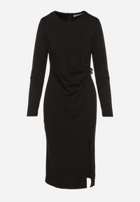 Born2be - Czarna Dopasowana Sukienka z Bawełną Ozdobiona Paskami z Klamrami Esanea. Okazja: na co dzień, na spotkanie biznesowe. Kolor: czarny. Materiał: bawełna. Wzór: aplikacja. Styl: biznesowy, klasyczny, casual, elegancki #4