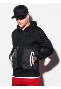 Ombre Clothing - Bluza męska z kapturem B1082 - czarna - XL. Typ kołnierza: kaptur. Kolor: czarny. Materiał: poliester, bawełna. Wzór: aplikacja