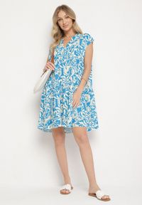 Born2be - Niebieska Bawełniana Sukienka o Kroju Oversize w Ornamentny Wzór Izelona. Okazja: na co dzień. Kolor: niebieski. Materiał: bawełna. Typ sukienki: oversize. Styl: casual, klasyczny #6