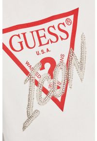 Guess Jeans - Bluza bawełniana. Typ kołnierza: bez kaptura. Kolor: biały. Materiał: bawełna, jeans. Wzór: nadruk, aplikacja #2