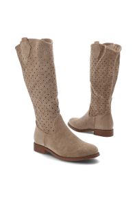 Beżowe Kozaki S.Barski Ażurowe Obuwie Damskie. Okazja: na co dzień. Kolor: beżowy. Szerokość cholewki: normalna. Wzór: ażurowy. Wysokość cholewki: przed kolano. Materiał: materiał. Sezon: zima, jesień. Obcas: na obcasie. Styl: casual, boho, elegancki. Wysokość obcasa: niski #2