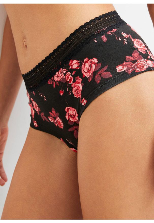 bonprix - Figi maxi panty z bawełny organicznej (4 pary). Kolor: czarny. Materiał: bawełna, koronka. Wzór: koronka