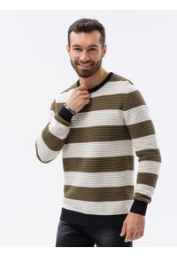 Ombre Clothing - Sweter męski w paski E189 - oliwkowy - XXL. Kolor: oliwkowy. Materiał: dzianina, bawełna. Wzór: paski. Styl: klasyczny