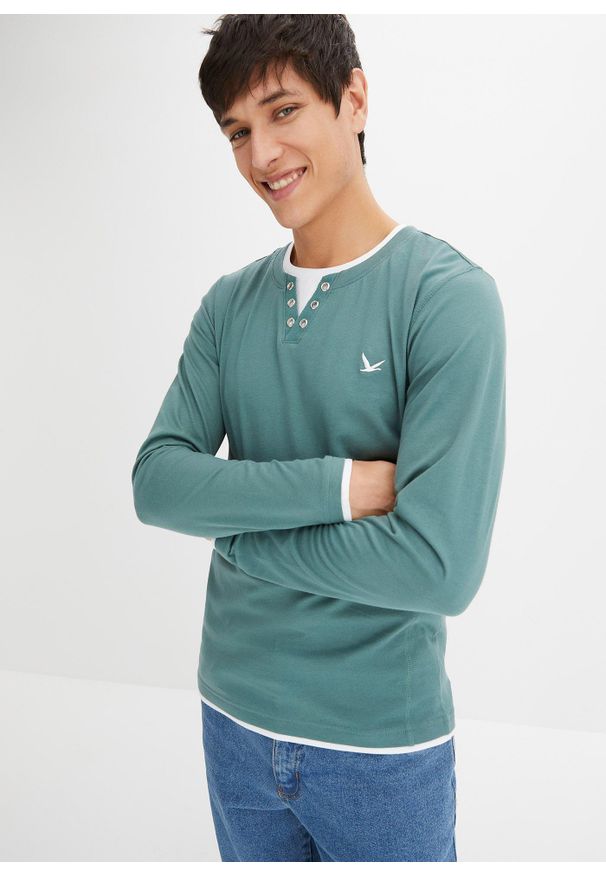 bonprix - Bluzka z długim rękawem 2 w 1 (2 szt.). Kolor: niebieski. Długość rękawa: długi rękaw. Długość: długie. Wzór: haft