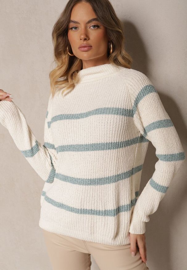 Renee - Beżowo-Zielony Sweter w Poziome Pasy z Domieszką Wiskozy Tintarina. Okazja: na co dzień. Kolor: zielony. Materiał: wiskoza. Styl: elegancki, casual