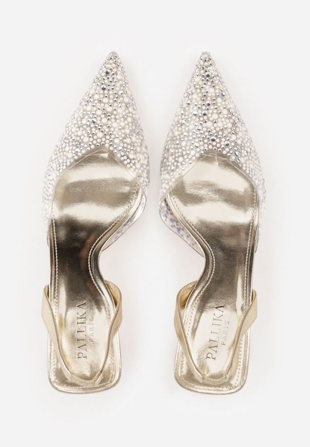 Renee - Złote Czółenka z Przezroczystą Cholewką Ozdobione Perełkami i Cyrkoniami Karenetia. Kolor: złoty. Szerokość cholewki: normalna. Wzór: aplikacja. Styl: elegancki