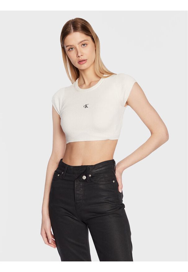 Calvin Klein Jeans Bluzka J20J220709 Biały Cropped Fit. Kolor: biały. Materiał: lyocell