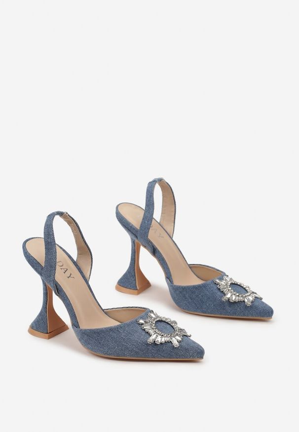 Renee - Niebieskie Sandały na Obcasie Klepsydra z Paskiem z Gumką i Kryształkami Alatria. Okazja: na co dzień. Zapięcie: pasek. Kolor: niebieski. Obcas: na obcasie. Styl: casual. Wysokość obcasa: średni