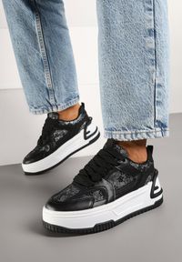 Born2be - Czarne Sneakersy na Grubej Podeszwie Zdobione Brokatem Deorianis. Okazja: na co dzień. Kolor: czarny. Materiał: jeans. Wzór: aplikacja