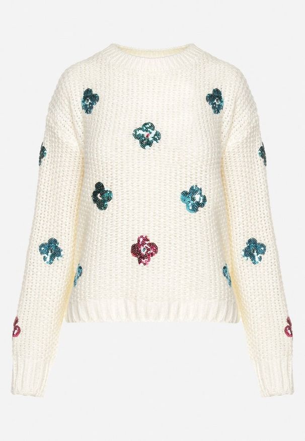 Born2be - Jasnobeżowy Sweter z Tłoczonej Dzianiny z Wiskozą Zdobiony Cekinowymi Kwiatami Edamara. Okazja: na co dzień. Kolor: beżowy. Materiał: wiskoza, dzianina. Długość rękawa: długi rękaw. Długość: długie. Wzór: aplikacja, kwiaty. Styl: klasyczny, wizytowy, casual