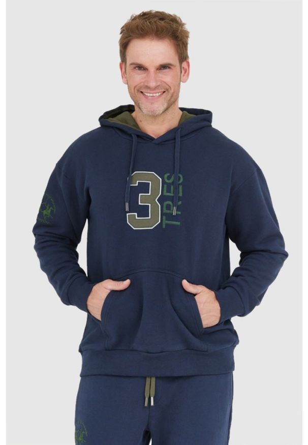 La Martina - LA MARTINA Granatowa bluza męska z kapturem i naszywkami, Rozmiar L. Typ kołnierza: kaptur. Kolor: niebieski. Wzór: aplikacja