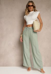 Renee - Zielone Spodnie z Lnem o Szerokim Kroju z Gumką w Talii Filarive. Okazja: na co dzień. Kolor: zielony. Materiał: len. Sezon: lato, wiosna. Styl: elegancki, casual #5