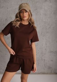 Renee - Brązowy Bawełniano-Wiskozowy Komplet Sportowy T-shirt i Szorty Areinna. Kolor: brązowy. Materiał: wiskoza, bawełna #5