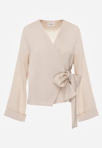 Born2be - Beżowa Kopertowa Bluzka z Wiskozy Ozdobiona Wiązaniem Velanitte. Okazja: na co dzień. Kolor: beżowy. Materiał: wiskoza. Wzór: aplikacja. Styl: casual, elegancki, wizytowy #8