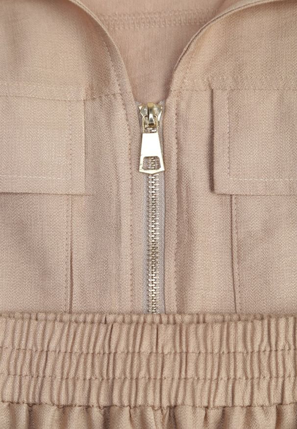 Renee - Beżowy Komplet Utility z Wiskozy Spodnie i Bluzka na Suwak ze Ściągaczem Petolira. Kolor: beżowy. Materiał: wiskoza