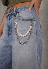 Renee - Niebieskie Szerokie Jeansy High Waist z Łańcuchem Kassania. Stan: podwyższony. Kolor: niebieski. Wzór: aplikacja #3