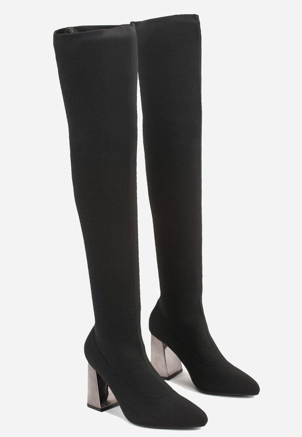 Renee - Czarne Kozaki Vices za Kolano na Metalicznym Słupku ze Skarpetkową Cholewką Neliannea. Okazja: na randkę. Wysokość cholewki: za kolano. Kolor: czarny. Szerokość cholewki: normalna. Obcas: na słupku. Styl: elegancki. Wysokość obcasa: średni